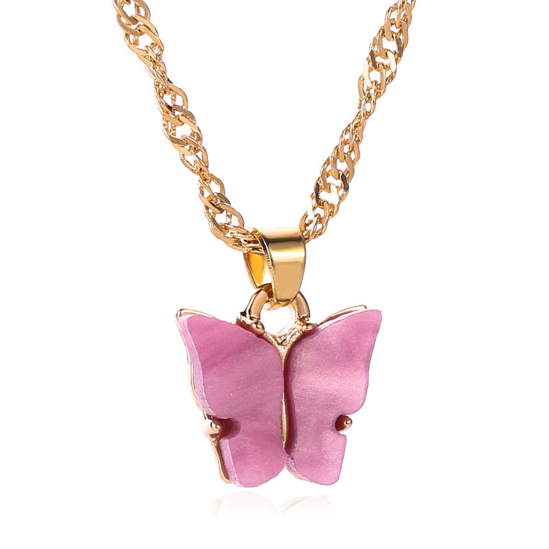 Pink Butterfly Necklace. Gold chain