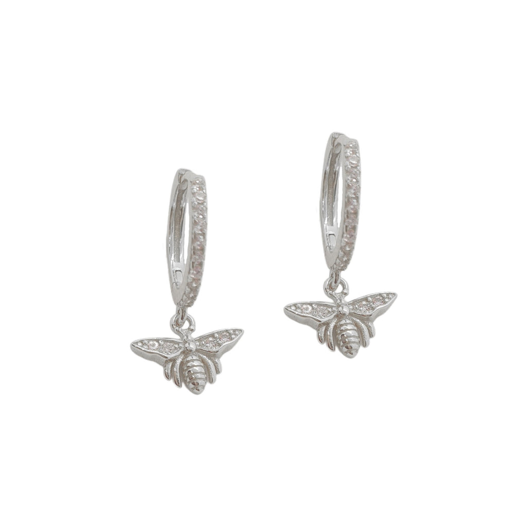 Silver queen bee huggie earrings with cubic zirconia gems