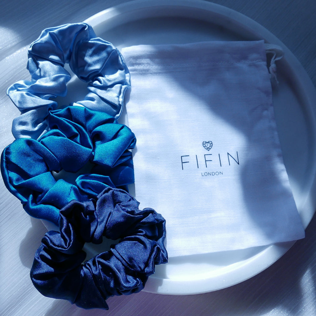 Blue Silk Scrunchies Trio