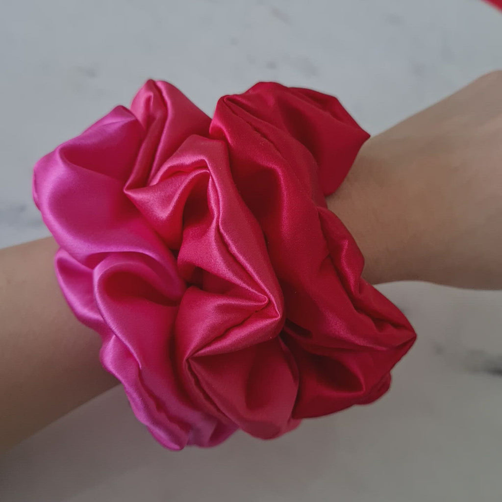 Red Hot Pink Luxe Silk Scrunchies on arm video