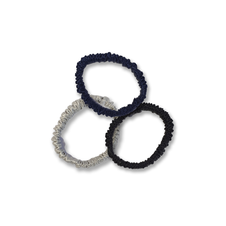 1 silver, 1 navy blue and 1 black slim silk scrunchie with pleats