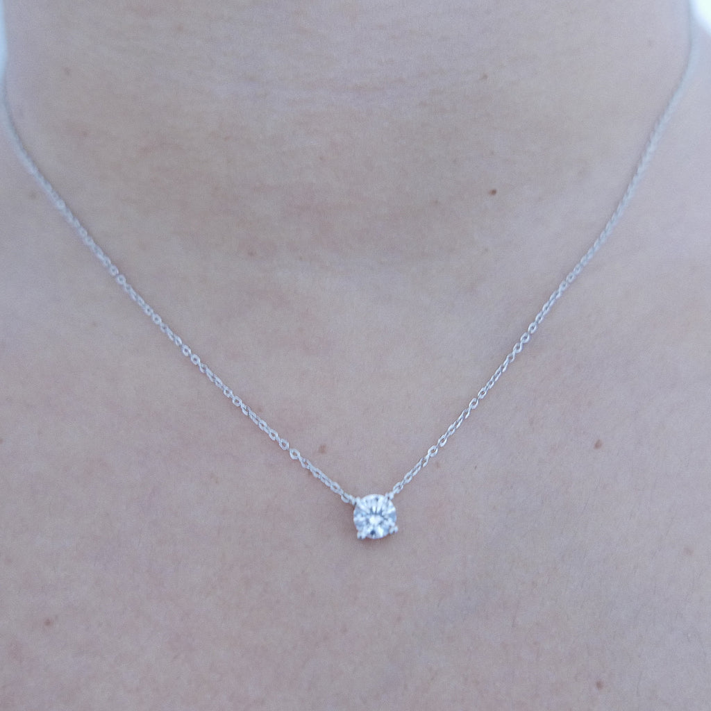 Silver Solitaire Pendant Necklace on model