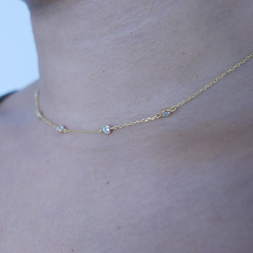 Gold choker necklace on model