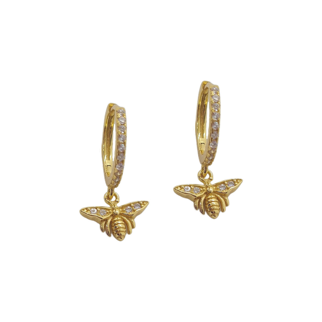 Gold queen bee huggie earrings with cubic zirconia gems