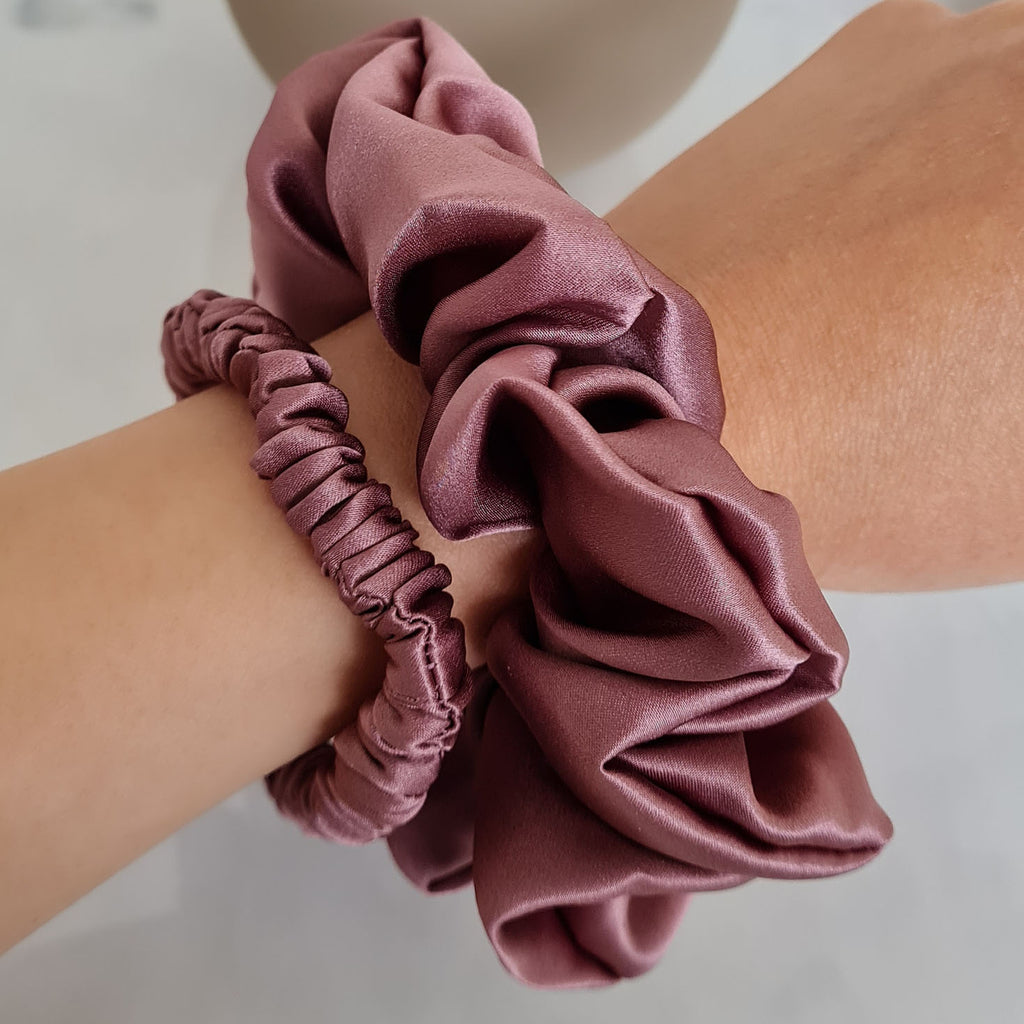 Mauve Luxe and Slim Silk Hair Scrunchie Duo