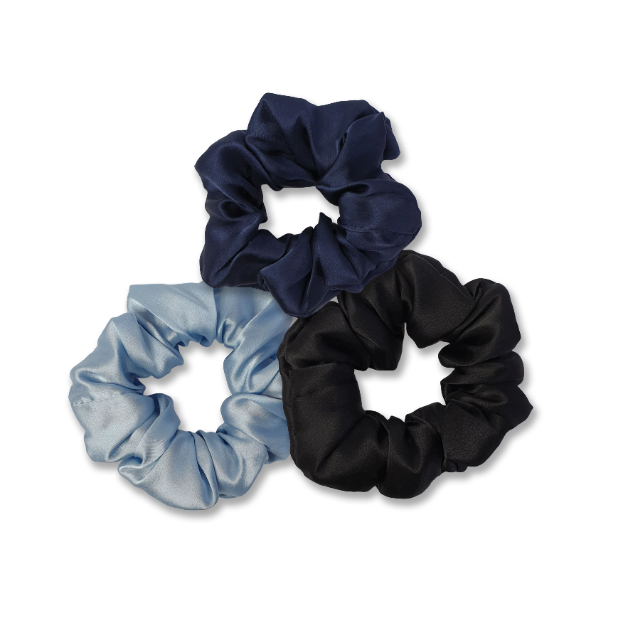 1 pastel blue, 1 navy blue and 1 black big silk hair scrunchie
